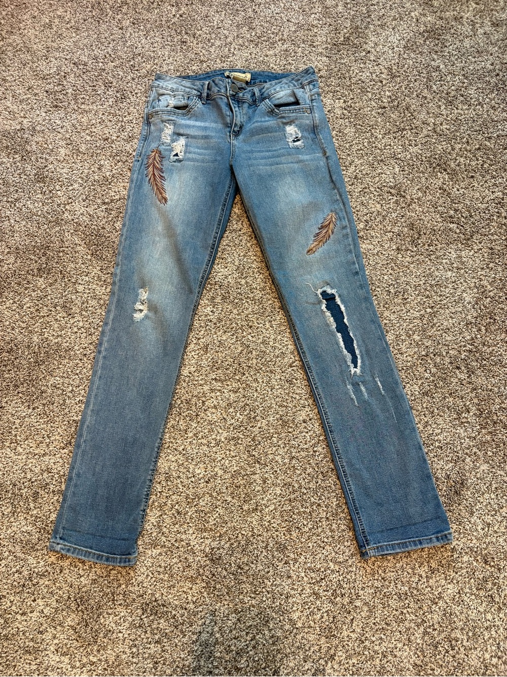 Democracy Blue Skinny Jeans with Feather Embroidery